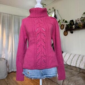 Ann Taylor LOFT Magenta Pink Cable Knit Turtleneck Sweater Womens Large L